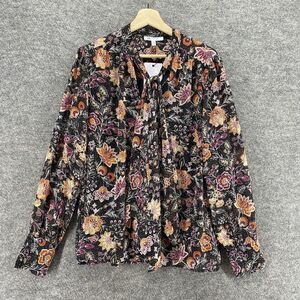 New DR2 Blouse Women XL Black Floral V-Neck Tasseled Long Sleeve Lined Casual